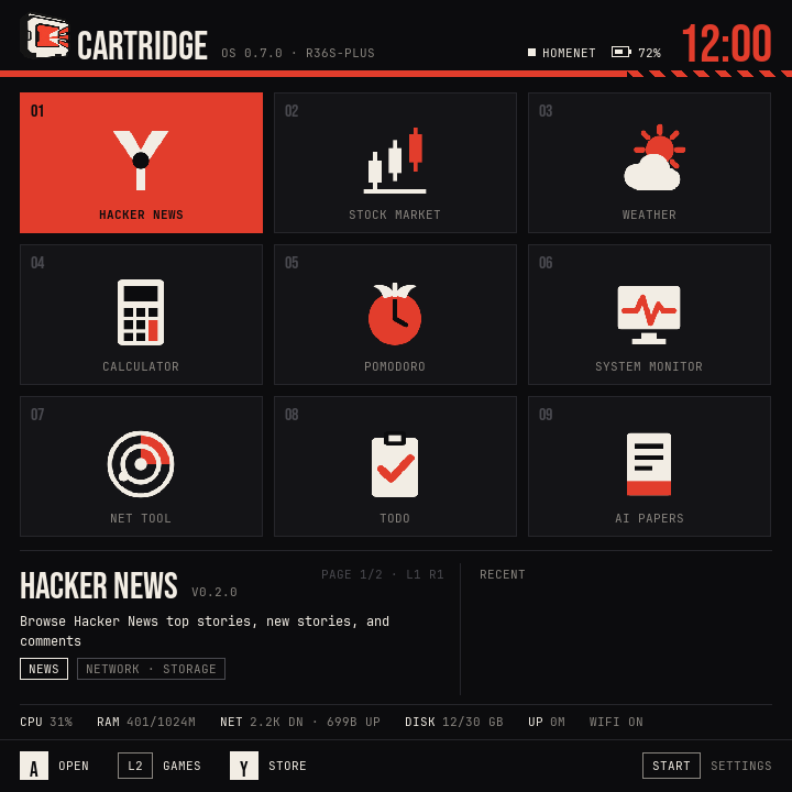 The CartridgeOS launcher running in the native Mac simulator, with an app grid and simulated device readings