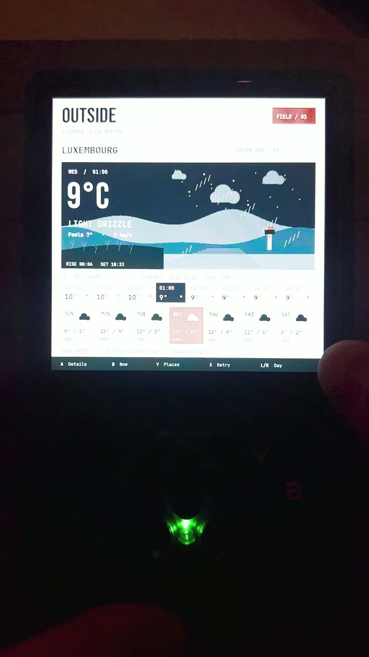The Outside app on the handheld showing an illustrated rainy landscape, temperature and forecast