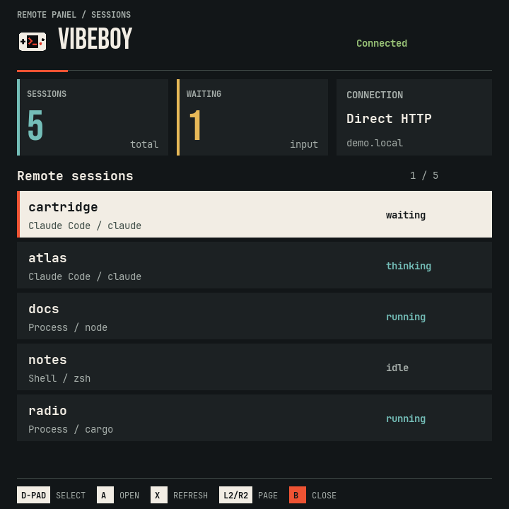 VibeBoy's dashboard in the desktop simulator, showing sample remote sessions