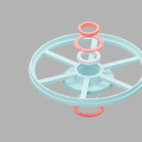 Exploded CAD rendering of the rotor, central bearing, retaining rings and stationary collar.