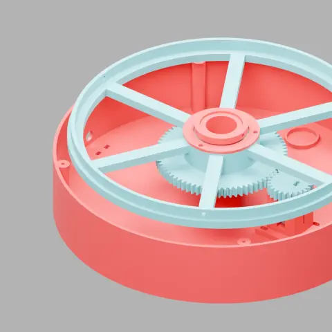 CAD rendering of the motor pinion and large rotor gear inside the Dreamachine base.